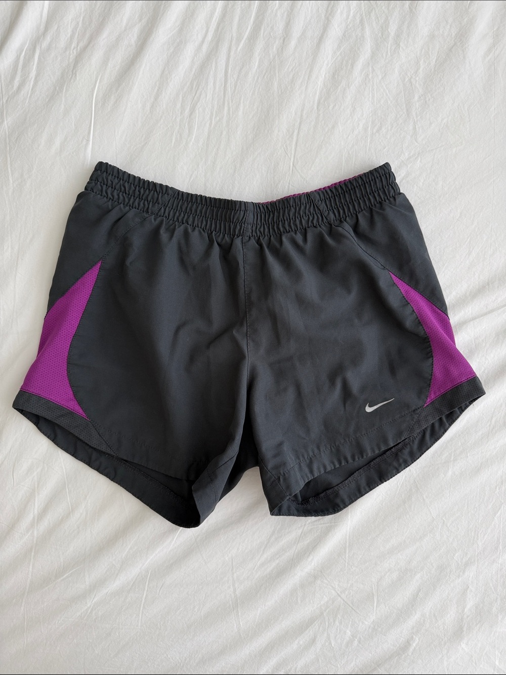 Nike Women's Grey Shorts with Purple Panels and Built-in Briefs